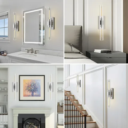 Miniatura 4 de YUYI Juego de 2 apliques de pared de níquel, 22.8 pulgadas, para interiores, con pantalla de cristal transparente, luces de pared para baño, sala