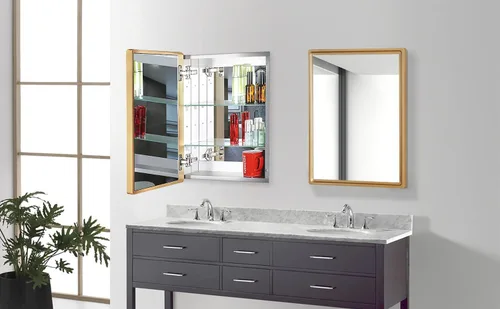 Miniatura 2 de Botiquín de baño de 16 x 20 pulgadas con espejo con marco dorado, gabinete de almacenamiento empotrado o de montaje en superficie, diseño rústico