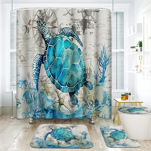 Arttown Juego de baño azul marino con cortina de ducha y accesorios de alfombras, cortinas de ducha azul tortuga y gris, decoración de baño náutica,