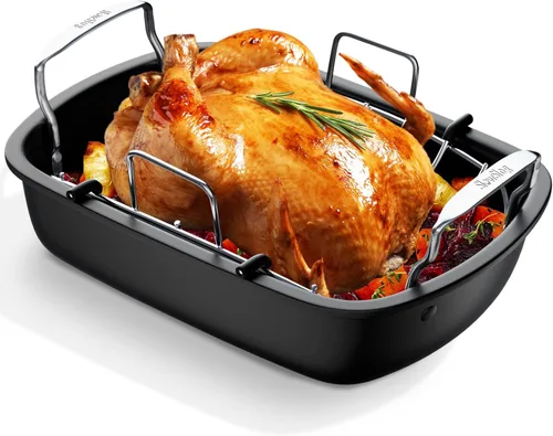 Sartén antiadherente para asar pavos con estante, sartén para pavo de 17 x 13 pulgadas, sartén grande para carne y verduras, (plateado)