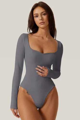 Miniatura 4 de Meyeeka Body de manga larga con cuello corazón para mujer, sin costuras, básica, elástica