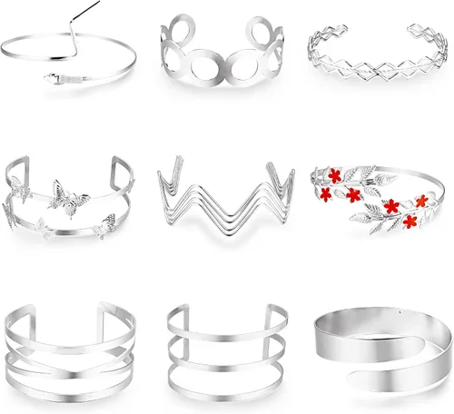 ORAZIO Juego de 9 pulseras para el brazo superior para mujer, juego de brazaletes minimalistas de espiral plateado y dorado, joyería abierta de