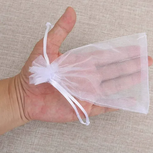 Miniatura 4 de 100 piezas de bolsas de regalo de 5x7 pulgadas, tela de organza transparente y clara, bolsitas blancas con cordón para regalos de baby shower, Blanco