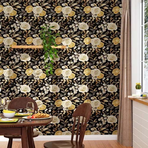 Miniatura 2 de Papel tapiz floral oscuro, papel tapiz autoadhesivo para despegar y pegar, papel tapiz de vinilo negro bohemio para armarios, papel adhesivo
