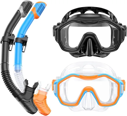 Miniatura 23 de Equipo de esnórquel para adultos y niños, juego de esnórquel seco con vista panorámica de 180°, máscara de buceo con visión panorámica de 180°