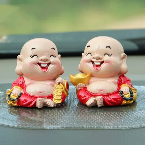 Miniatura 2 de Kingzhuo Juego de 2 Buda riendo Rico Artesanía Artística Linda Decoración de Coche Decoración de Tablero de Instrumentos de Exhibición Accesorios