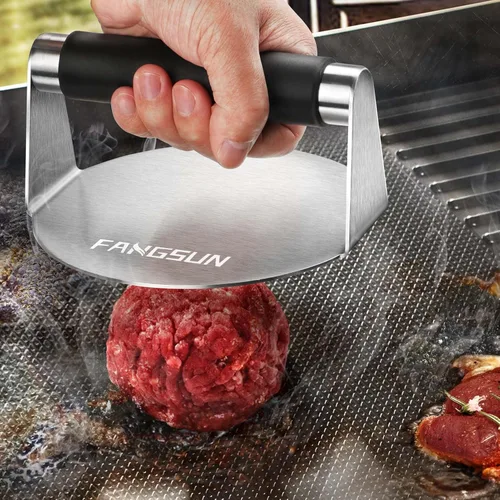 Miniatura 8 de FANGSUN Prensa de hamburguesas con mango antiquemaduras, triturador de hamburguesas de acero inoxidable de 5.8 pulgadas, prensa redonda