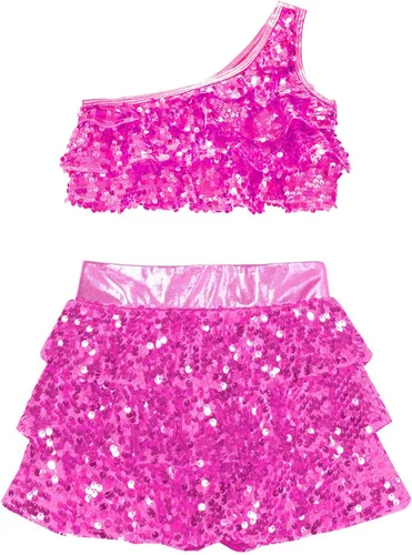 Miniatura 95 de JEATHA Top corto con borlas y lentejuelas brillantes para niñas, con minifalda, jazz latino, salsa, samba, rumba, baile