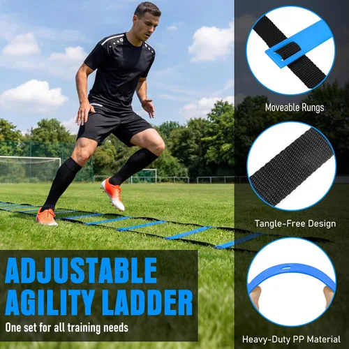Miniatura 5 de Agility Ladder, Soccer Football Training Equipment Set - 20ft Speed Ladder, 4 Hurdles,Parachute, 12 Cones & Jump Rope Agility & Speed Training for