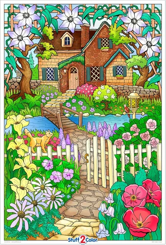 Hidden Cottage - Póster gigante y detallado para colorear de 22 x 32.5 pulgadas (ideal para tiempo familiar, adultos, niños, aulas, proyecto de