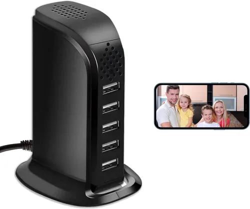 Cargador USB WiFi Cámara Oculta, Cámaras Espía de Seguridad Cargador USB Inalámbrico 1080P Cámara Niñera Enchufe de 5 Puertos Mini Cámara de Video