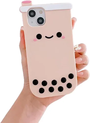 Funda de silicona suave con diseño de té Boba 3D para iPhone 13/iPhone 14 de 6.1 pulgadas, diseño de dibujos animados de kawaii, cara sonriente, té