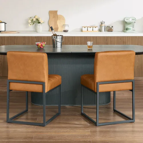 Miniatura 4 de GrandNoor Brown Faux Leather Dining Chairs Set of 2, Mid-Century Modern Dining Room Chairs with Armless, Checkered Kitchen Chair with Metal Legs