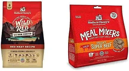 Stella & Chewy's Wild Red Raw Coated Kibble Alimento seco para perros con granos saludables receta de carne roja, bolsa de 3.5 libras + mezcladores