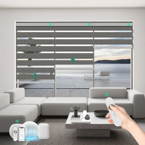 Miniatura 22 de Persianas motorizadas de cebra con control remoto, funcionan con HomeKit Alexa, cortinas eléctricas automáticas para ventanas, 60% opacas, filtro