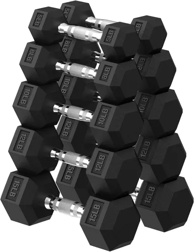 Miniatura 22 de HANDBODE Juego de mancuernas hexagonales de 45 a 640 libras, mancuernas de ejercicio y fitness con revestimiento de goma para gimnasio en casa