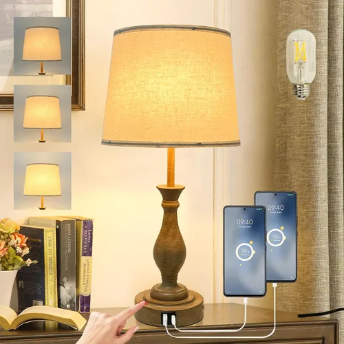 LALISU Lámpara de mesa de granja con control táctil, lámpara de mesa regulable de 3 vías, lámpara moderna de mesita de noche con 2 puertos USB,