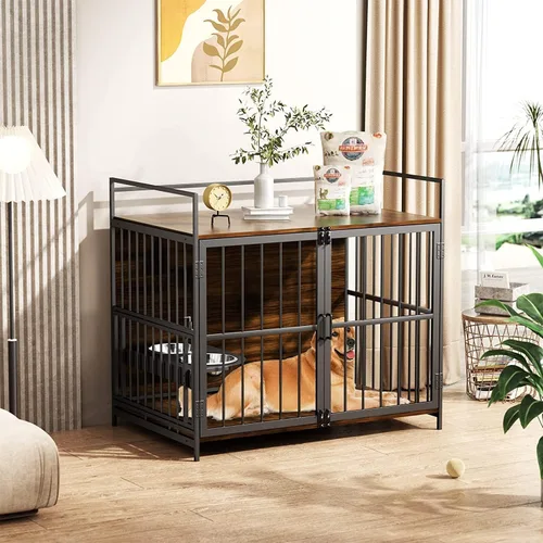 Miniatura 8 de ROOMTEC Furniture Style - Jaula grande para perros con comedero elevado ajustable de 360° para perros, 2 cuencos de acero inoxidable, cojín