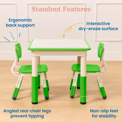 Miniatura 4 de ECR4Kids Mesa de actividades cuadrada de borrado en seco con 2 sillas, ajustable, muebles para niños, verde hierba, 3 piezas Verde (Grassy Green)