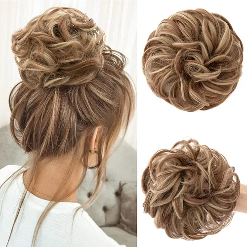 Miniatura 9 de CJL HAIR Extensiones de cabello sintético de moño desordenado, ondulado, rizado, grueso, para coleta, para mujer (rubio blanco)