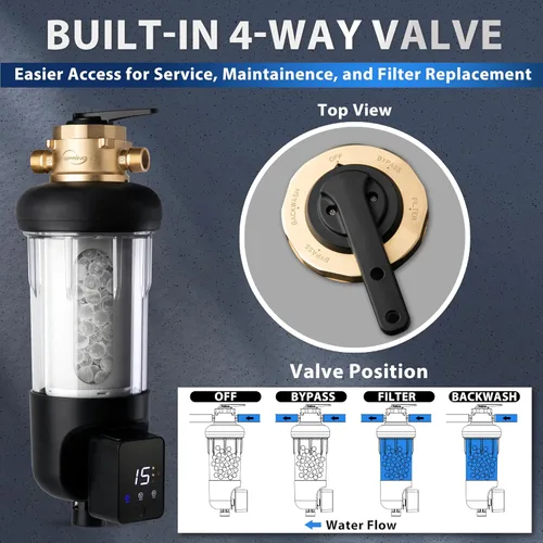 Miniatura 4 de iSpring WSP50SL-ARJ-BP, certificado NSF, filtro de agua de sedimentos giratorios para toda la casa, 4 modos de derivación, incluye Siliphos que