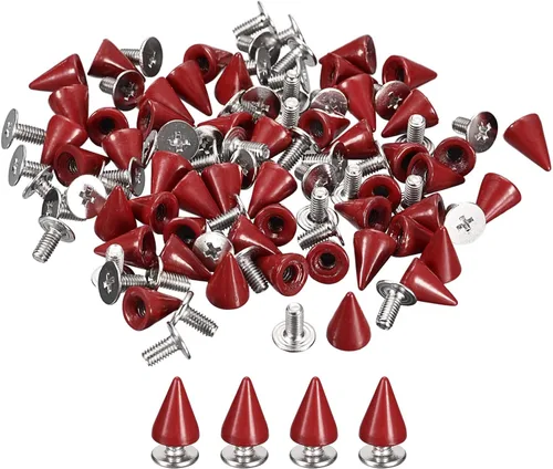 uxcell 100 juegos de tachuelas de cono de 0.39 x 0.394 pulgadas y remaches de metal para ropa, cinturones, bolsas, zapatos, manualidades, cuero, Rojo