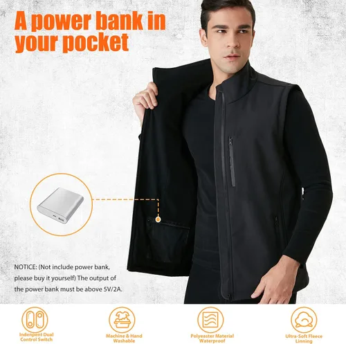 Miniatura 3 de Chaleco calefactor, chaleco calefactor, recargable, chaqueta calefactora con 3 niveles de calefacción, unisex, batería de ropa no incluida, Negro
