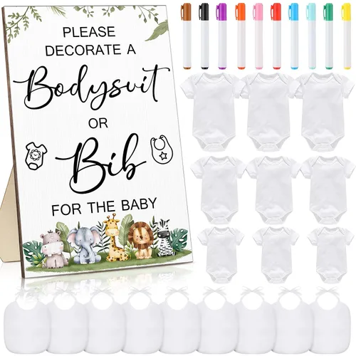Miniatura 10 de Roowest 35 Piezas Baberos para Baby Shower Juegos Diseño Letrero de Madera para Juego de Fiesta de Baby Shower DIY Letrero de Body 15 Baberos