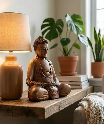 Miniatura 4 de G6 Collection Estatua de Buda de madera serena sentada hecha a mano, escultura meditante, figura de madera, acento decorativo, rústico, hecho a