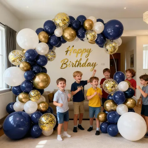 Miniatura 6 de Kit de arco de globos azul marino, dorado y blanco, 129 piezas de doble relleno, azul real, cromado, oro, perla, arena, blanco, confeti, guirnalda