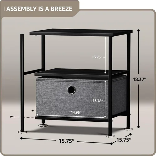 Miniatura 3 de Sorbus Mesita de noche con 1 cajón, mueble de noche y mesa auxiliar con marco de acero, parte superior de madera y contenedores de tela fáciles