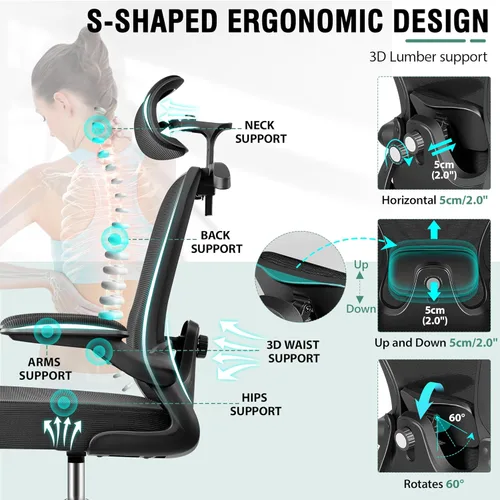 Miniatura 5 de Silla de Dibujo, Silla de Oficina Alta con Soporte Lumbar y para la Cabeza 3D, Silla Ergonómica de Malla para Escritorio de Pie con Reposapiés, Negro