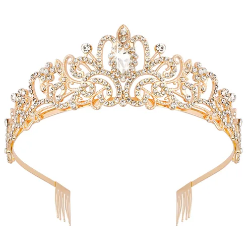Didder - Diadema con corona de tiara de cristal dorado. Elegante corona con peines para princesa, para mujeres y niñas, ideal para novias, bodas, 02