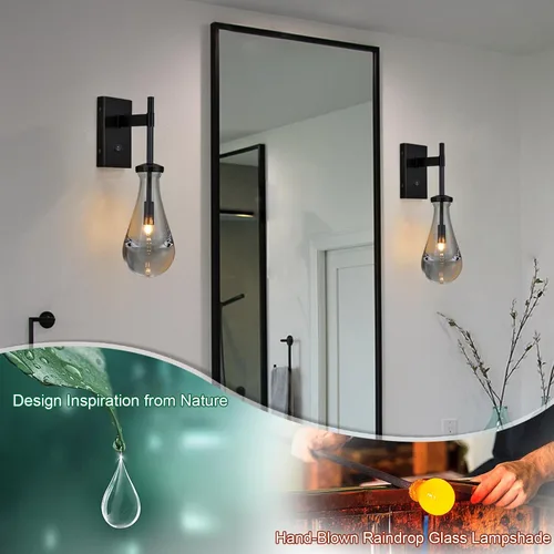 Miniatura 2 de HuisMier Apliques de Pared Negros, Apliques de Gota de Lluvia Iluminación de Pared con Botón Interruptor de Encendido/Apagado, Luminarias Modernas