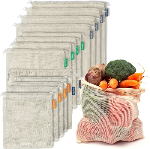 Miniatura 12 de 6 bolsas reutilizables para productos alimenticios lavables Bolsas de malla de algodón orgánico para productos Doble costura y peso de tara