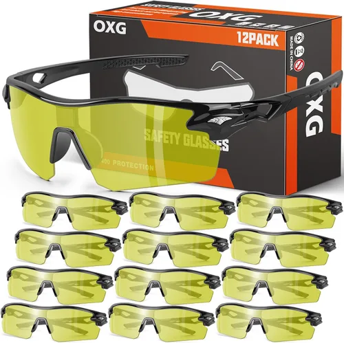 Miniatura 8 de OXG Paquete de 12 lentes de seguridad para hombres y mujeres, ANSI Z87.1, resistentes a los impactos, gafas protectoras para el trabajo, al aire
