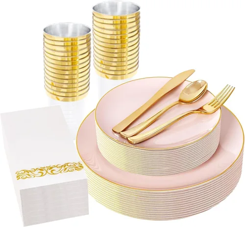 Miniatura 16 de YOUBET 125 piezas de platos de plástico negros y dorados - Platos desechables negros con borde dorado - Incluye 25 platos de cena, 25 platos