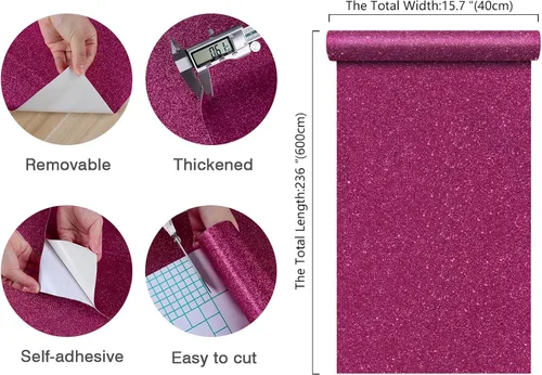 Miniatura 2 de CHIHUT Papel tapiz rosa intenso con purpurina para despegar y pegar, papel de contacto rosa brillante para paredes de armarios, papel de pared Rosa