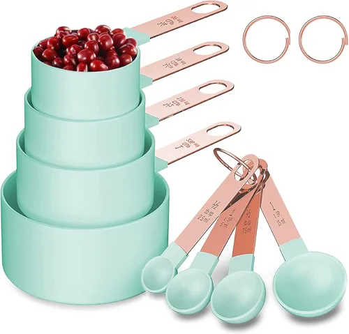 Miniatura 9 de Juego de tazas y cucharas medidoras con mango de acero inoxidable de oro rosa, 8 cucharadas apilables y precisas para medir ingredientes secos