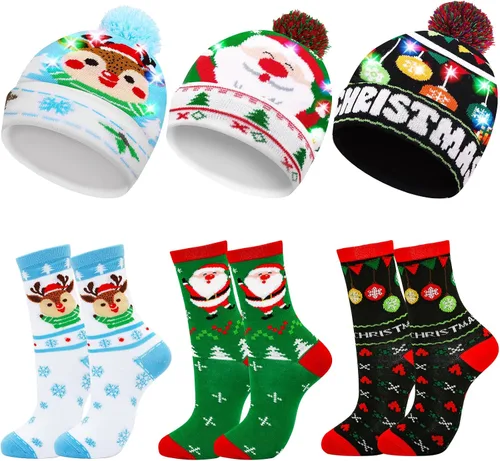 Miniatura 8 de MGparty Gorro de Navidad con luz LED, gorro de punto con calcetines de tripulación, regalos de fiesta de Navidad para adultos y niños