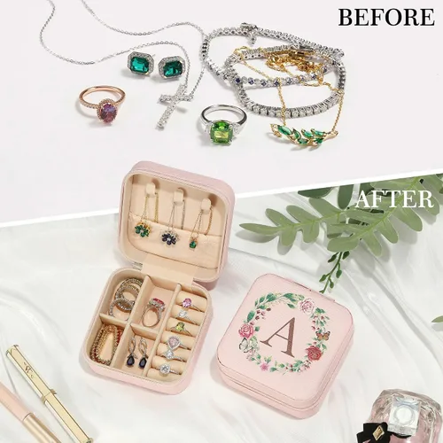 Miniatura 5 de Parima Joyero de viaje Organizador de joyas con iniciales pequeñas Joyero de viaje rosa para mujeres y niñas Organizador de aretes Idea