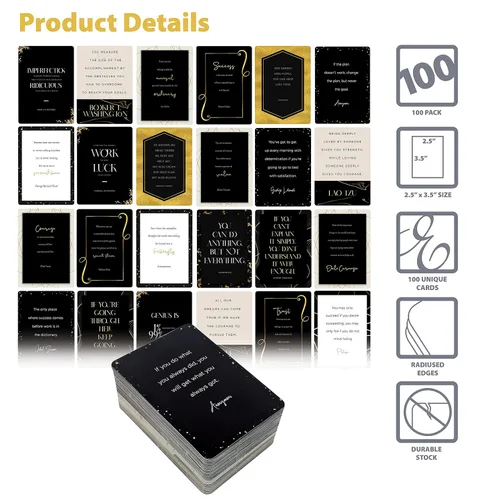 Miniatura 3 de Better Office Products 100 tarjetas con citas de ánimo, citas inspiradoras famosas, todos los diseños únicos, elegante diseño negro y dorado