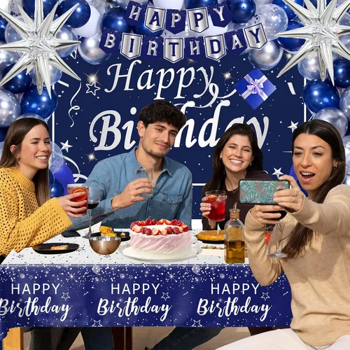 Miniatura 5 de Decoraciones de cumpleaños azul marino para hombres, niños, mujeres y niñas, 80 piezas de decoraciones de fiesta azules y plateadas, telón de fondo