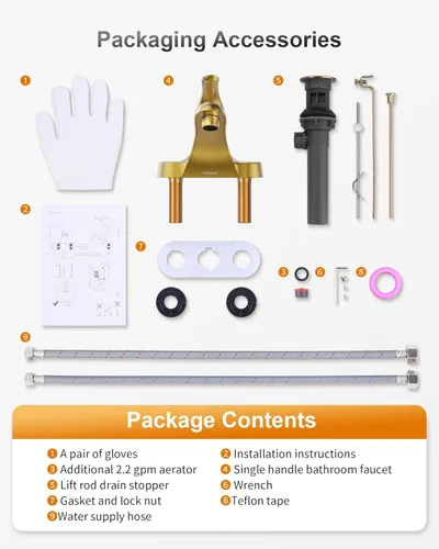 Miniatura 7 de WOWOW Grifo de baño de 4 pulgadas de un solo mango para fregadero de baño, llave de tocador de oro cepillado con conjunto de drenaje de barra