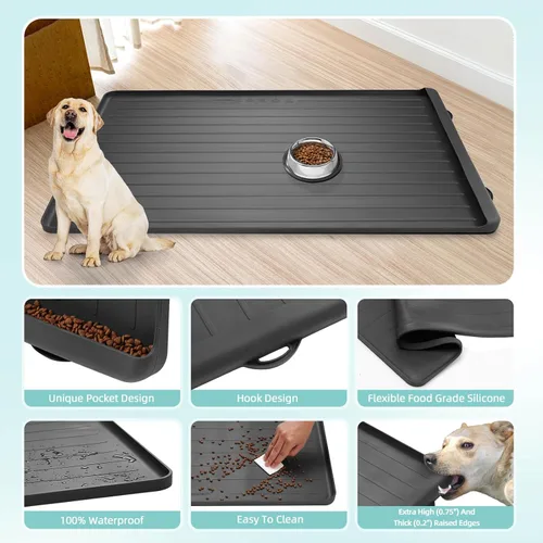 Miniatura 5 de Tapete para comida y agua para perros, 39.4 x 27 pulgadas, tapete grande de alimentación para mascotas con bolsillo para recolección de residuos