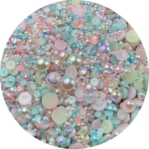 Miniatura 10 de Mezcla de perlas planas y diamantes de imitación, 2.16 oz de diamantes de imitación de resina semiredondas para manualidades, 0.116 in - 0.394 in
