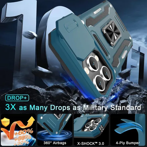 Miniatura 315 de DEERLAMN Funda para iPhone Xs Max con funda deslizante para cámara + protector de pantalla, soporte giratorio de anillo de grado militar a prueba