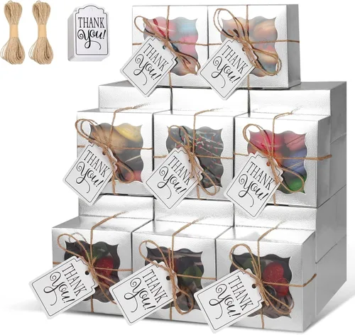 Miniatura 9 de KPOSIYA 60 cajas de panadería negras con ventana, cajas individuales de 4 x 4 x 2.5 pulgadas, caja de regalo de papel kraft negro para pasteles