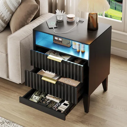 Miniatura 13 de LVSOMT Mesita de noche negra para dormitorio con estación de carga y luces LED, moderna mesita de noche con cajón oculto, mesita de noche