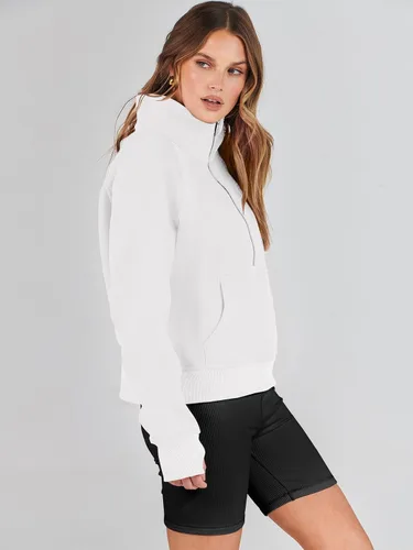 Miniatura 4 de ANRABESS Sudaderas recortadas para mujer, con media cremallera, forro polar, con cremallera de un cuarto, ropa de otoño 2023, suéter con agujero